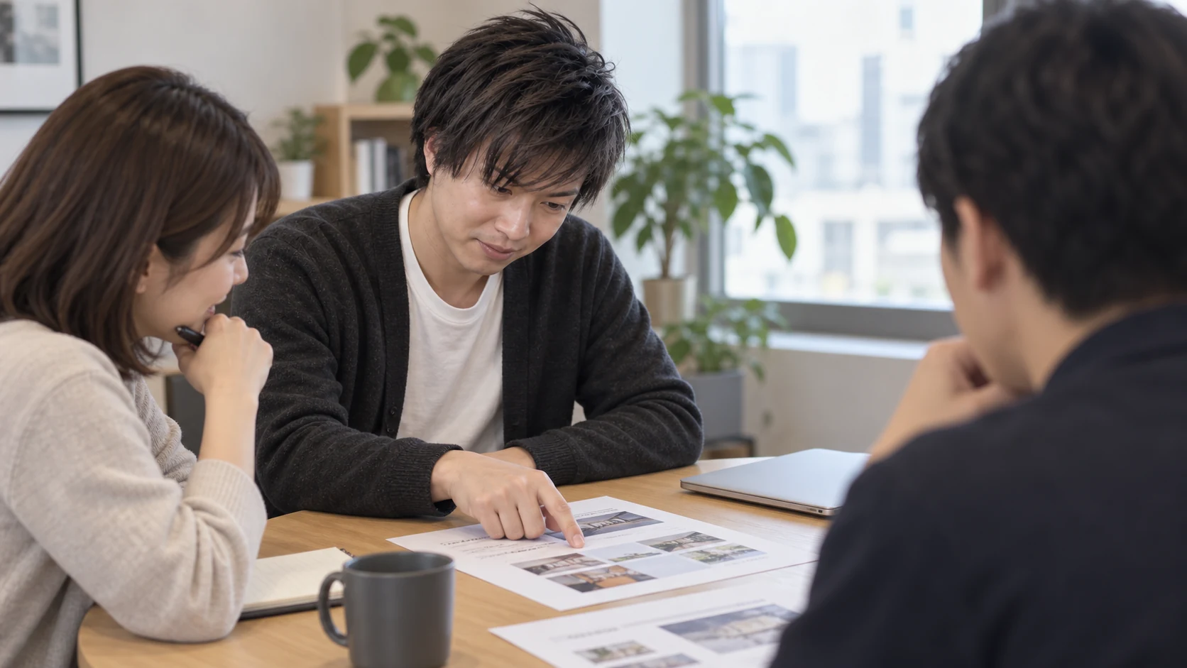 制作資料を囲み、アイデアと進め方を一緒に考える場面