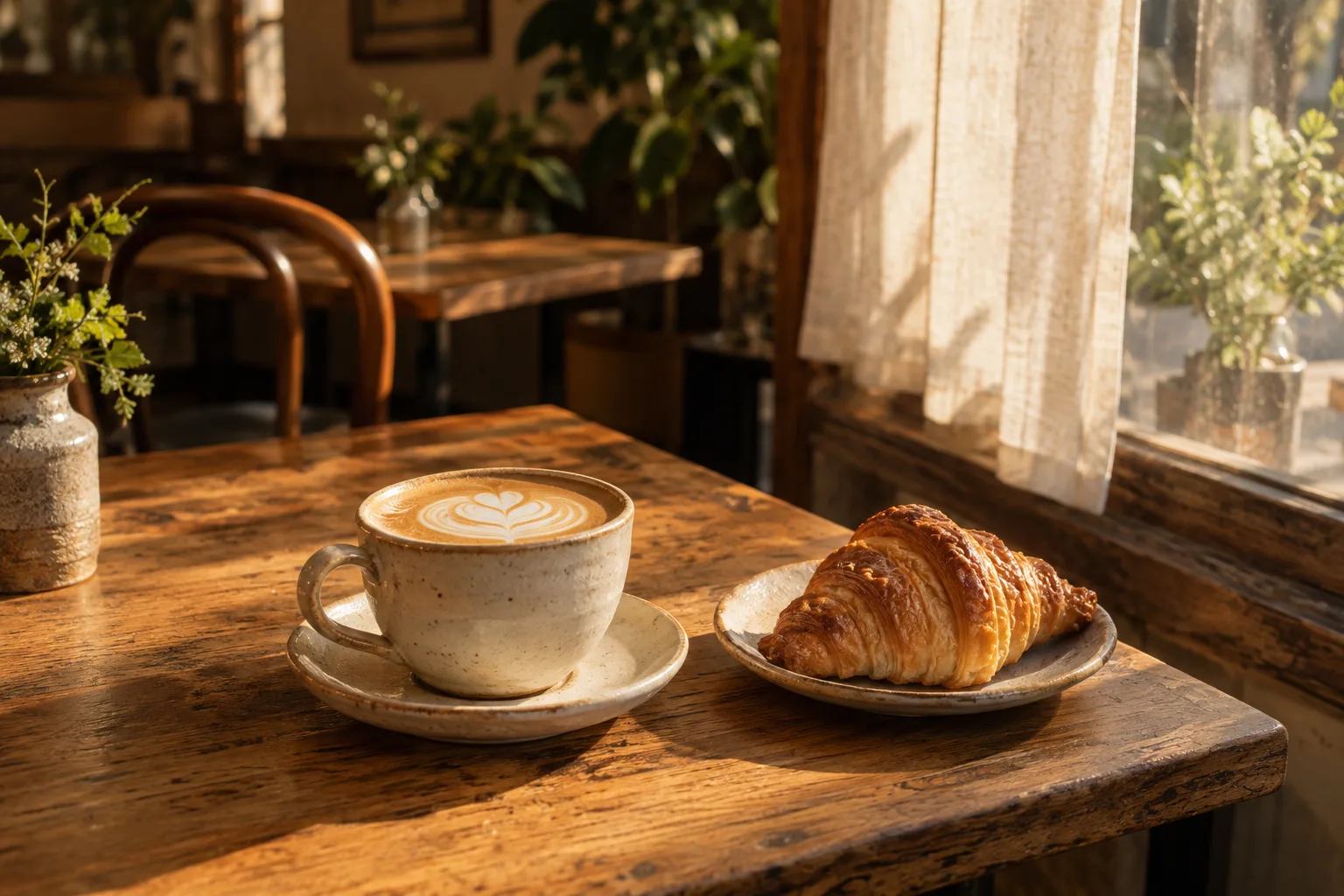 窓から日が差すカフェのテーブルに置かれたコーヒーとクロワッサン。演習用のイメージ。