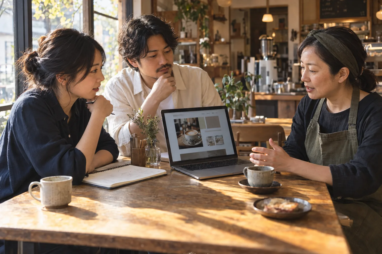 制作したカフェサイトを店主に見せ、反応や改善点を話し合う場面のイメージ