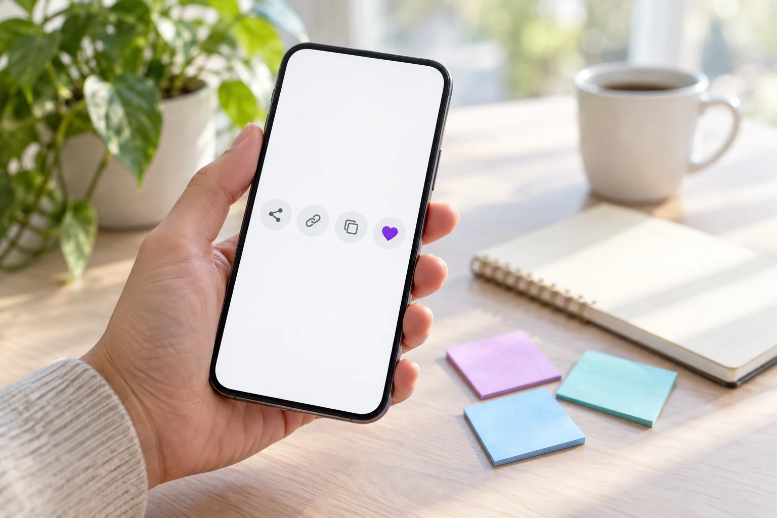 自然光のワークスペースで、丸い共有ボタンといいねのハートを表示したスマートフォンを手に持ち、机には3色の付箋が並ぶ写真風のイメージ